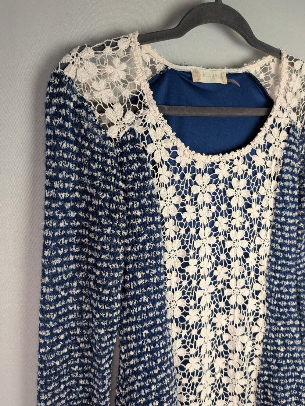 Altar'd State Babydoll Dress Women's S Blue Floral Knit Tiered Lace Long Sleeve - Picture 9 of 16